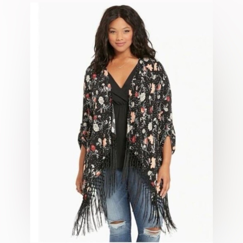 Torrid Multi Color Floral Fringe Open Front Long Sleeve Duster Kimono Size 4X